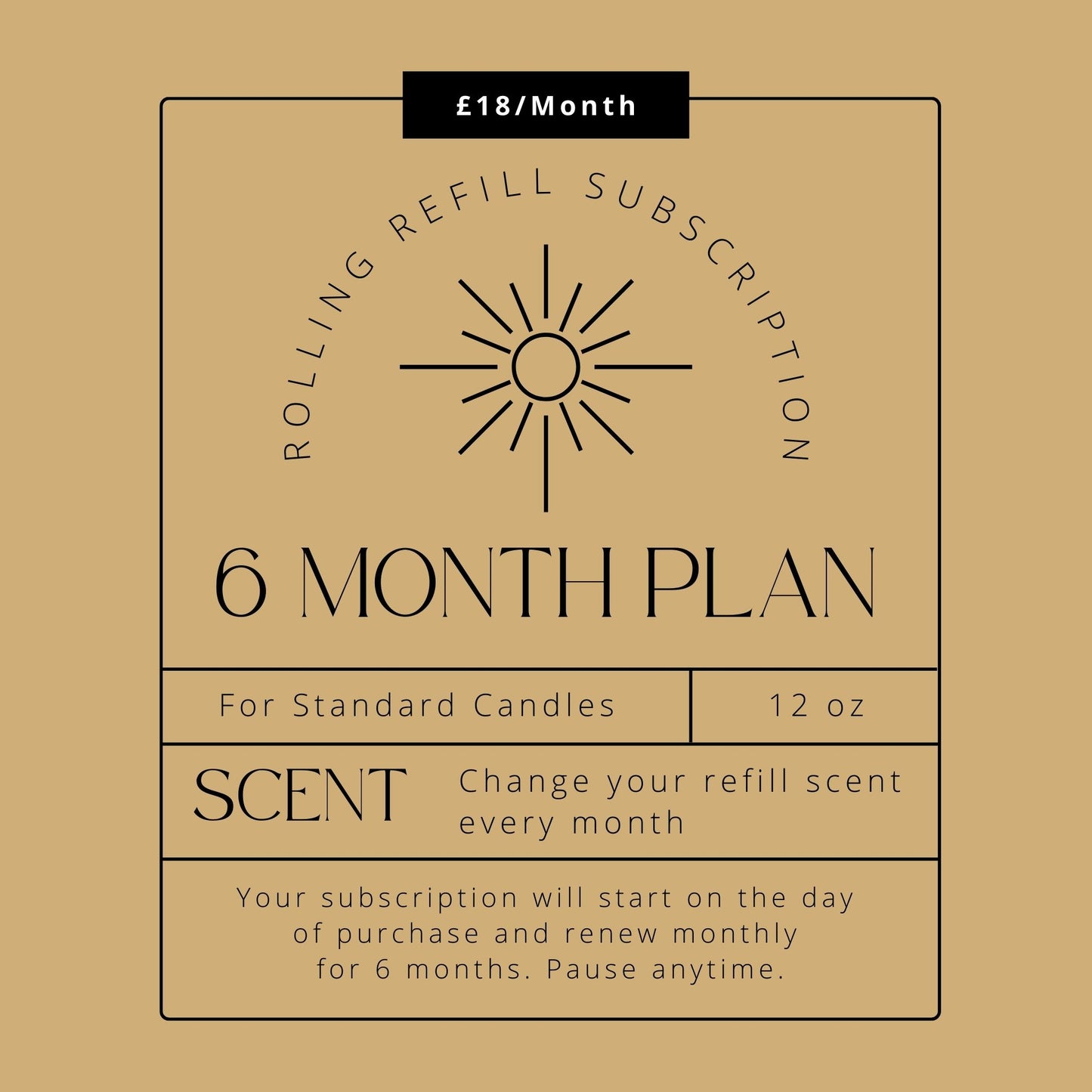 Six month candle subscription card showing monthly scent option