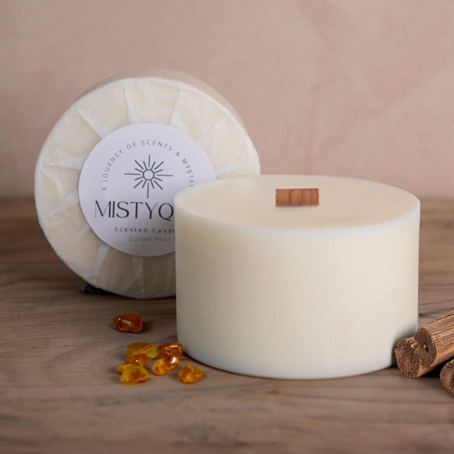 Golden Hour refill candle with amber stones and Mistyque wrap