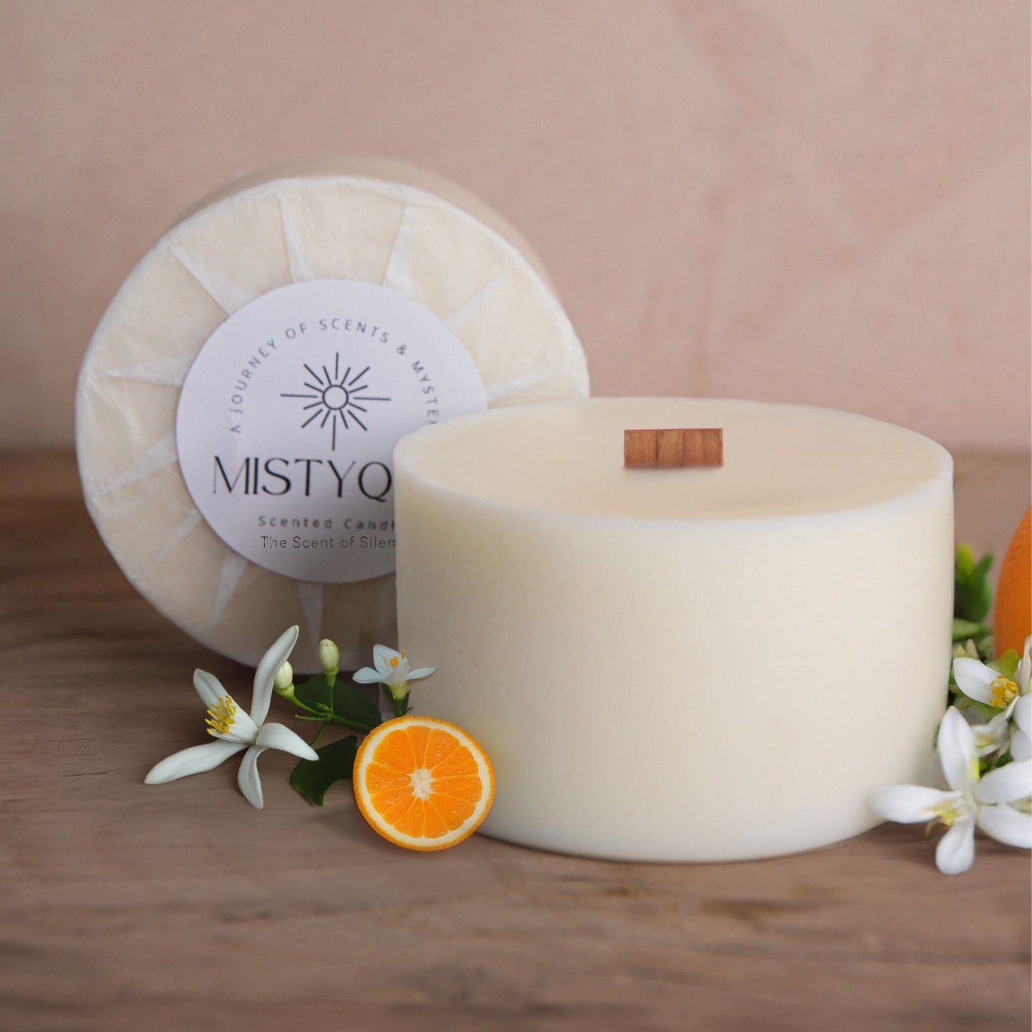 The Scent of Silence refill candle with citrus blossom and Mistyque wrap