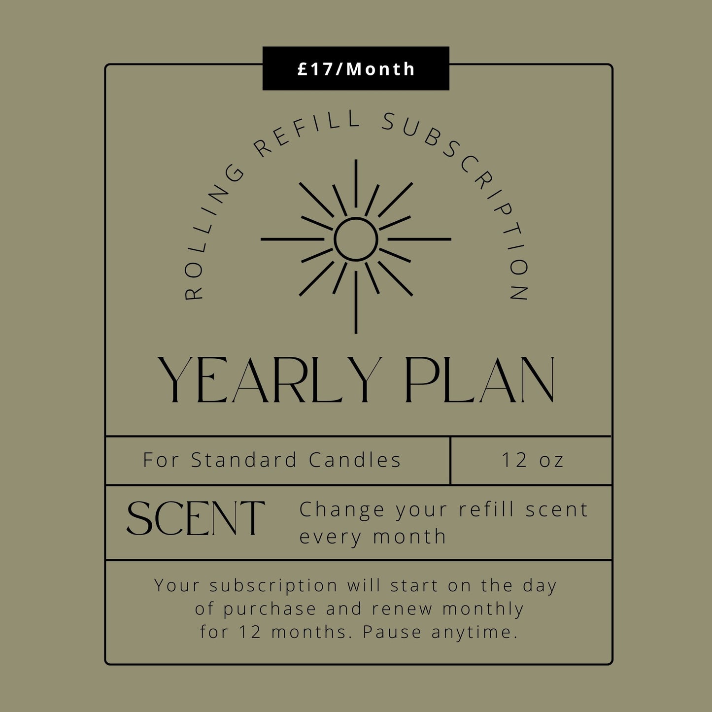 Yearly candle subscription card with scent change and monthly delivery features