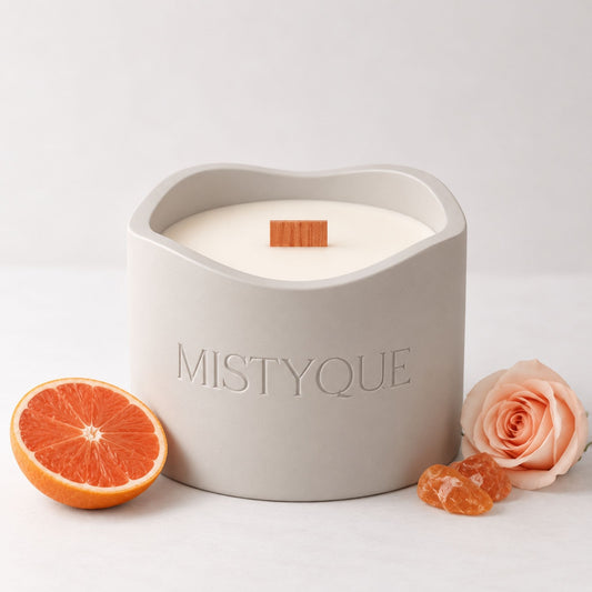 A Winter Hug bergamot and sandalwood scented candle, wooden wick, refillable concrete pot, Mistyque