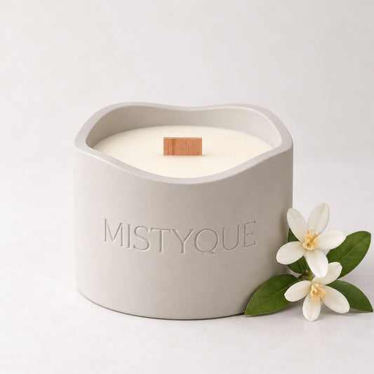 Neroli citrus and floral scented candle, wooden wick, refillable concrete pot, Mistyque