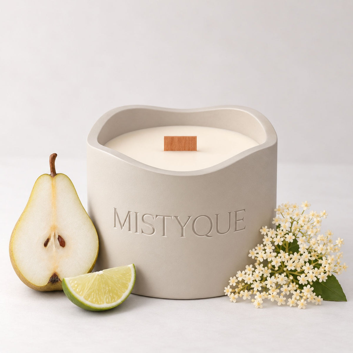 Pear and elderflower scented candle, wooden wick, refillable concrete pot, Mistyque